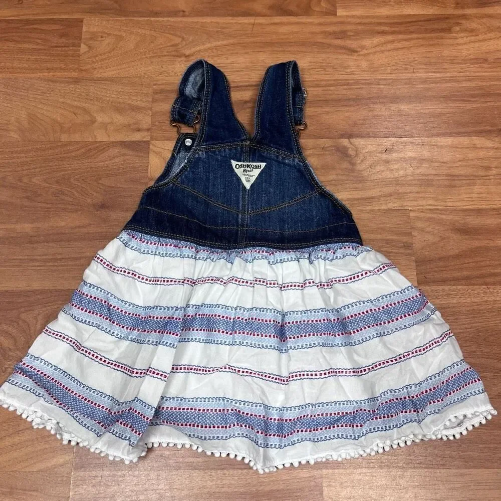 OshKosh B'gosh Kids Girls Red White Blue Denim Stripe Overall Jumper Dress 3T